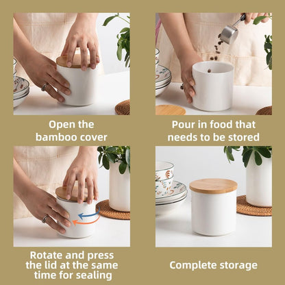 Sweejar Kitchen Ceramic Food Storage Containers Set, Stackable Canisters for Countertop with Airtight Boomboo Lids for Serving Ground Coffee, Tea, Sugar, Salt and More- Set of 2 (White)