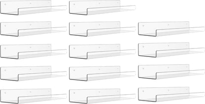 upsimples 14 Pack Acrylic Shelves Wall Organizer and Storage, 15" Display Shelf for Figure, Toy Cars, Perfume, Kids Bookshelf for Bedroom, Nursery, Craft Room, Clear