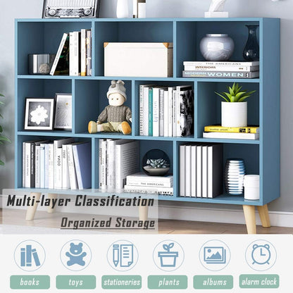 IOTXY Wooden Open Shelf Bookcase - 3-Tier Floor Standing Display Cabinet Rack with Legs, 10 Cubes Bookshelf, Bright Blue