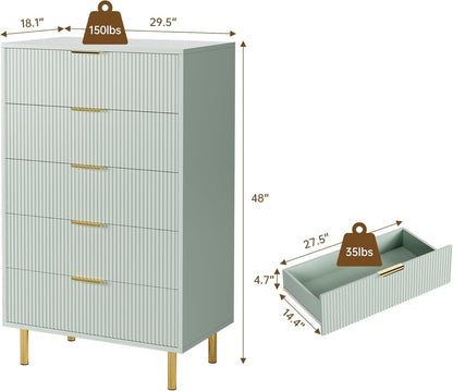GAOMON 5 Drawer Dresser, Wood Chest of Drawers Organizer Storage with Gold Handle, Tall Storage Cabinet, Modern Design Dresser for Bedroom, Living Room, Closet, Hallway, Entryway, Green