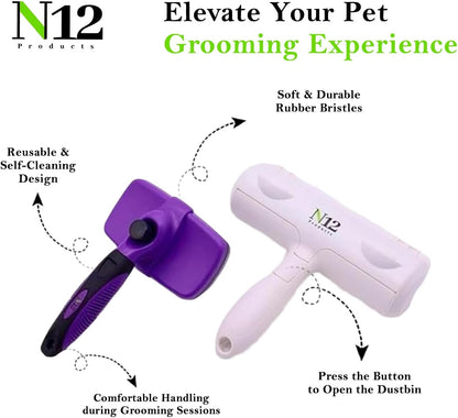 N12 Cat, Dog Hair Remover/Lint Roller and Grooming Hair Bush Combo – Pet Fur Remover for Couch, Furniture, Carpet, Car Seat & Self-Cleaning Slicker Grooming Brush with Long Pins for Shedding