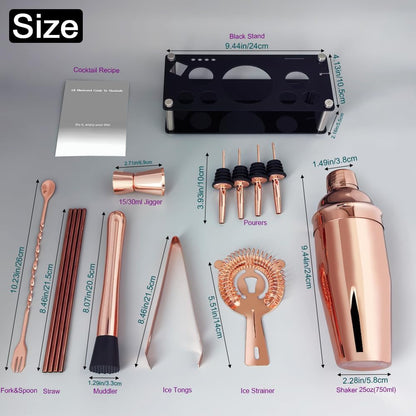 14-Piece Cocktail Shaker Set Bartender Kit with Black Stand, Bar Tool Set for Drink Mixing Bartending Kit Bar Sets Accessories: 750ml(25oz) Shaker, Jigger, Muddler, Cocktail Recipes (Rose Gold)