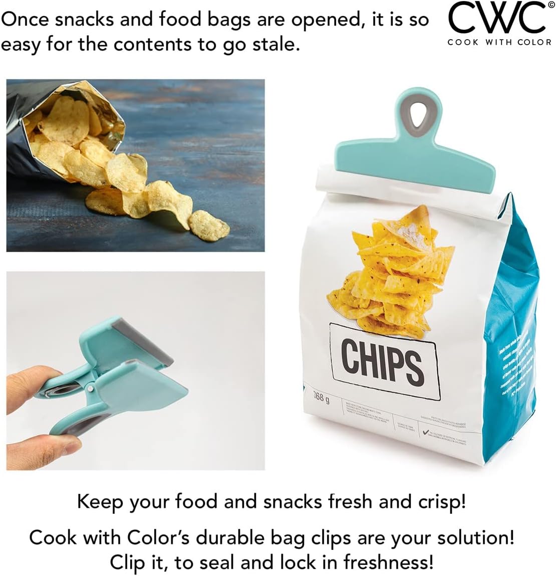 COOK WITH COLOR Bag Clips - Heavy Duty Chip Clip and Refrigerator Magnet Clips for Food Storage with Air Tight Seal Grip, Teal, Pack of 4 Large Clips