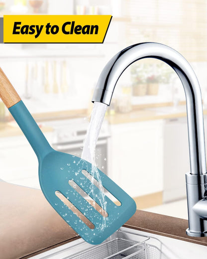 Pack of 2 Silicone Cooking Spatula, Heat Resistant Solid Turner, Non Stick Slotted Spatulas with Wooden Short Handle,Ideal Wood Kitchen Utensils Set for Frying, Baking, Flipping, Turning