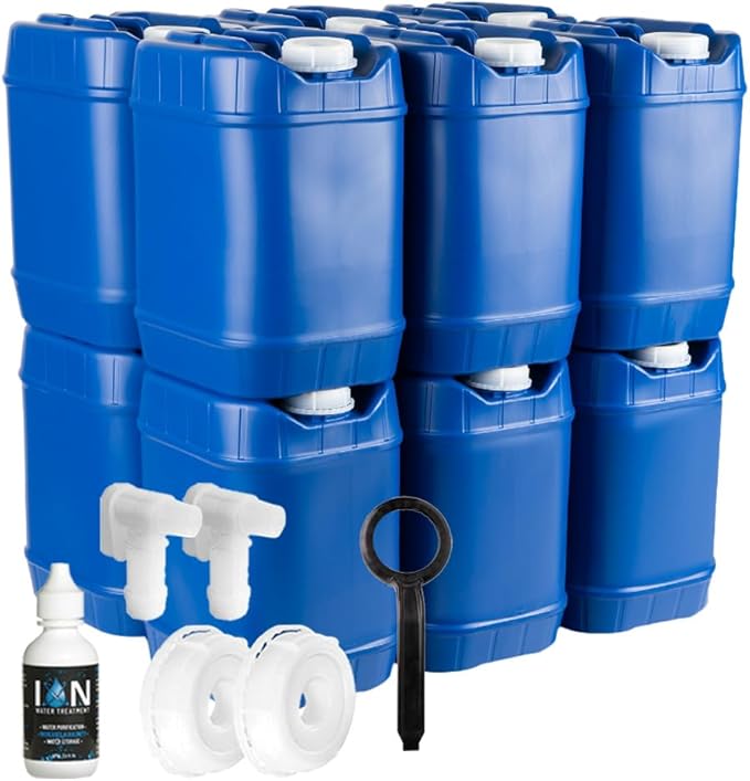 5-Gallon Stackable Water Container kit (60 Total Gallons), 12 Pack, Blue, BPA Free, High Density Polyetholene (HDPE) w/Built in Handle w/(2) Bottles of Water Preserver & 4 Additional Lids & 4 Spigots