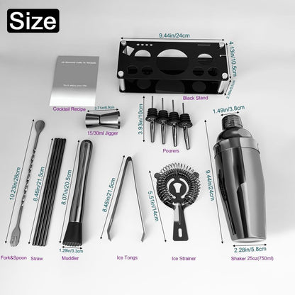 14-Piece Cocktail Shaker Set Bartender Kit with Black Stand, Bar Tool Set for Drink Mixing Bartending Kit Bar Sets Accessories: 750ml(25oz) Shaker, Jigger, Muddler, Cocktail Recipes (Black)