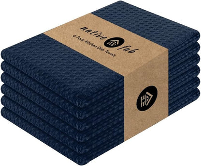 Native Fab Cotton Kitchen Towel with Hanging Loop 16x26 inches, 6-Pack, Waffle Weave Kitchen Towels for Cleaning Drying, Washcloths Soft & Absorbent Cloth Rags, Bar Towel, Dish Cloth, Navy