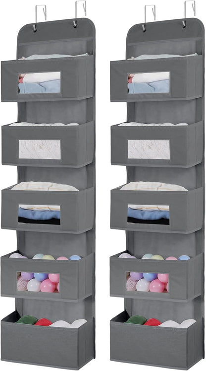 5-Shelf Over The Door Hanging Organizer with 2 Metal Hooks，5 Pocket Over The Door Wall Mount Storage with Clear Windows for Baby Nursery Bathroom Closet,Bedroom,Dorm (Gray-2 Pack)