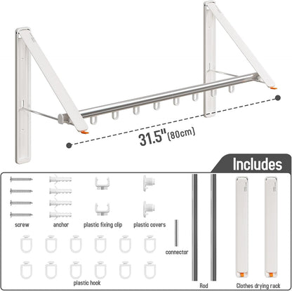 Clothes Drying Rack Retractable, Wall Mounted Clothes Hanger Rack for Laundry Room, Laundry Drying Rack with Clothes Rod Space Saving Closet Organizer Aluminium (White, 2P)