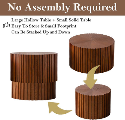 Round Nesting Coffee Table Brown Round Fluted Coffee Table Set of 2 for Living Room Small Circle Drum Nested Coffee Tables (Brown 27in)