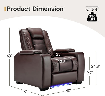 ANJ Power Home Theater Seating Set of 2, Brown Faux Leather Electric Recliner Chair with Powered Headrest, Dual Motors Movie Reclining Chairs with LED Lights,USB Port,Cup Holders, Hidden Arm Storage