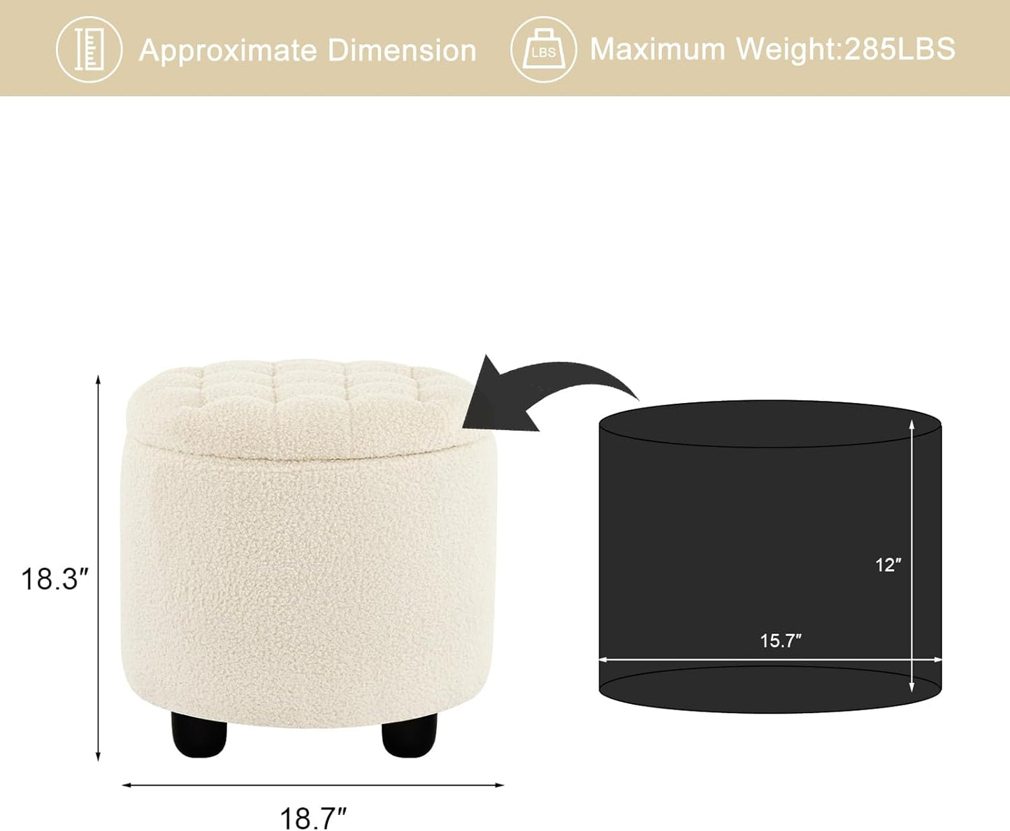 Furniliving Modern Round Storage Ottoman,Button Tufted Ottoman Foot Stools Ottoman Footstool with Removable Lid Storage Ottomans for Living Room, Bedroom, Makeup Room，Sherpa, IvoryWhite