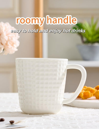 Ceramic Coffee Mugs 15 oz, Large Waffle Embossed Mug Set, Coffee Cups for Latte, Cappuccino, Cocoa, Tea, Mocha, Milk, Housewarming Wedding Present,Microwave & Dishwasher Safe - Set of 4 (White)