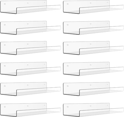 upsimples 12 Pack Acrylic Shelves Wall Organizer and Storage, 15" Display Shelf for Figure, Toy Cars, Perfume, Kids Bookshelf for Bedroom, Nursery, Craft Room, Clear