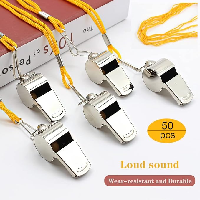 50Pcs Whistles - Stainless Steel Coach Whistle with Lanyard for Soccer, Referees, and Emergencies - Loudest Whistle for Coaching and Safety - Bulk Whistles- Compact and User-Friendly Design