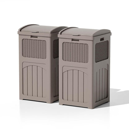 Patiowell 36 Gallon Outdoor Trash Can, Resin Outdoor Garbage Can with Lid for Patio, Backyard, Deck, Light Brown （2 Pack）