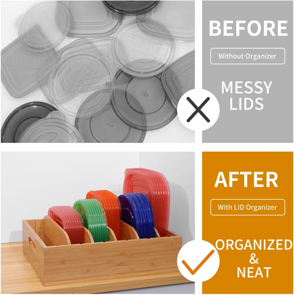 2 Pack Bamboo Lid Holder Food Container, Kitchen Organizer with 5 Adjustable Dividers, Cabinet Organizer for Food, Kitchen Gadget, Container Lids
