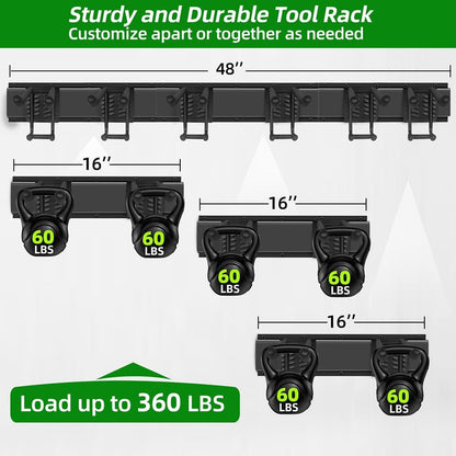 Garage Tool Organizer Wall Mount with 48 inches Rails and 6 Double-layer Hooks, Garden Tool Rack Heavy Duty, Garage Hanging Storage Rack For Yard Tools, Shovel, Shed