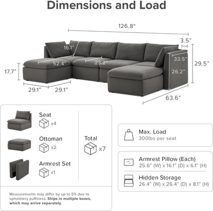 mopio Oversized Modular Sectional Sofa with Fully Removable Covers and Storage, Convertible U, L-Shaped and Sleeper Sectional, Modern Couches with Ottoman Chaise (Stone Gray Fabric, 6 Seats, U)