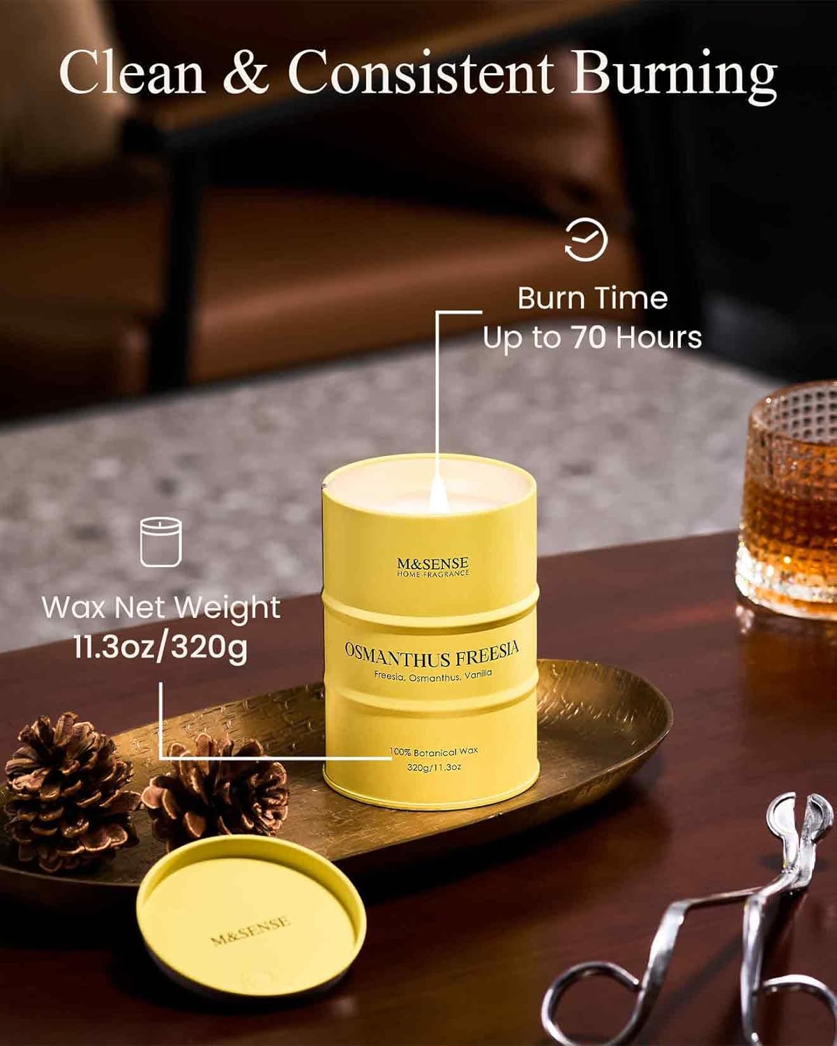 M&SENSE Osmanthus Freesia Scented Candles Natural Non Toxic, Aromatherapy Candle for Stress Relief Meditation Relaxing, Housewarming Gifts for Women Men, 11.3oz 70 Hour Long Burning