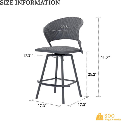 VICLLAX Patio Bar Stool Chairs with Footrests and Padded Seat, Bar Height Swivel Patio Chairs Set of 6, Woven Wicker Swivel Bar Stools for Lawn Garden, Grey