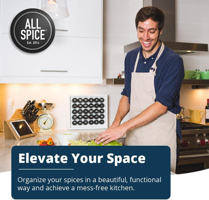 AllSpice Spice Rack Organizer, Wood, 525 Unique Labels, Countertop or Wall Mount, Includes 30 4oz Jars- Matte White