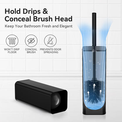 DOWRY Toilet Bowl Brush and Holder for Bathroom Storage Organization Deep Cleaning Covered Brush Cleaner Black Toilet Brush with 2 Brush Holders,Black Square