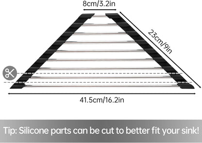 Tomorotec Foldable Stainless Steel Triangle Roll-Up Dish Drying Rack for Small Sink Corners - Over-The-Sink Multipurpose Kitchen Drainer, Rustproof Organizer, Trivet and Shelf - Space-Saving (Black)