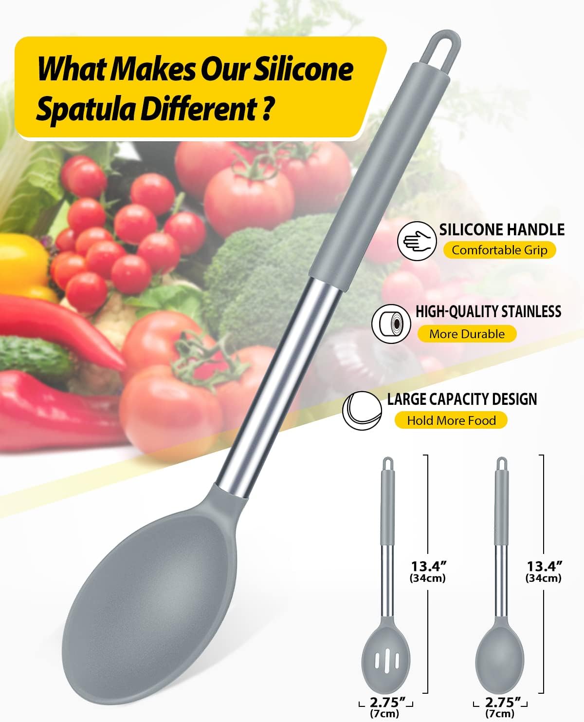 Pack of 2 Large Silicone Cooking Spoons,Non Stick Solid Basting Spoon,Heat-Resistant Kitchen Utensils for Mixing,Serving,Draining,Stirring (GREY)