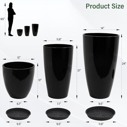 24/21/12 Inch Large Plastic Planter, Lightweight Ceramic-Look Large Flower Pots with Drain Hole & Saucers, Plastic Outdoor Planters for Garden, Patio, Balcony(Brilliant Black)