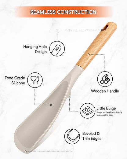 Cooking Spoon for Nonstick Cookwares, Great for Cooking and Serving Sturdy BPA-Free Matte Silicone, Wood Handle Spoon for Mixing, Scoop, and Scrape (2 Pack of Khaki, 11.4 inch)