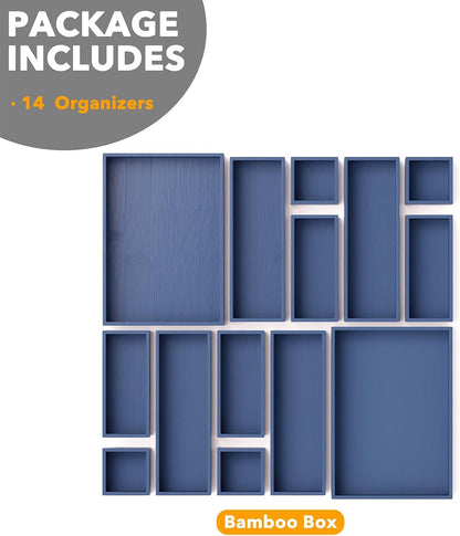 SpaceAid 14-Piece Bamboo Drawer Organizer Storage Boxes Set, Wood Tray Junk Drawer Organizers Multi-Use Divider Bins for Kitchen, Bathroom, Office Desk and Makeup Organization (14 Pack, Navy Blue)