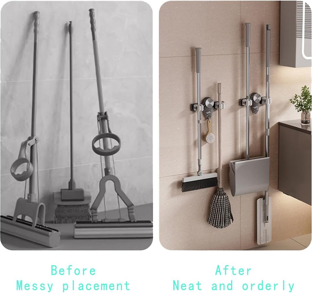 Mop and Broom Holder Wall Mount, No Punching Required Broom and Mop Organizer Wall Hanging with Hooks for Bathroom, Laundry Room, Garage, Kitchen,Garden Tool Organizer Storage (4pcs Gray)