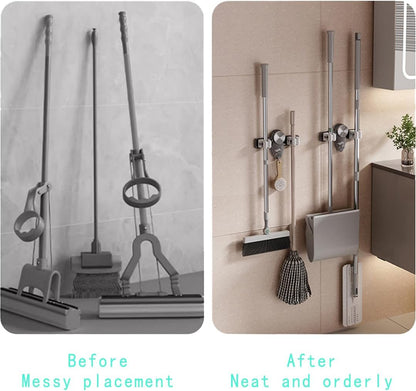 Mop and Broom Holder Wall Mount, No Punching Required Broom and Mop Organizer Wall Hanging with Hooks for Bathroom, Laundry Room, Garage, Kitchen,Garden Tool Organizer Storage (2pcs Transparent)