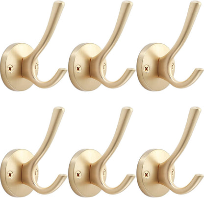 Gold Wall Hooks, 6 Pack Coat Robe Hook Heavy Duty Metal Double Bath Hook Wall Mounted, Hand Towel Hooks for Cubicle Bathroom Kitchen Closet Garage