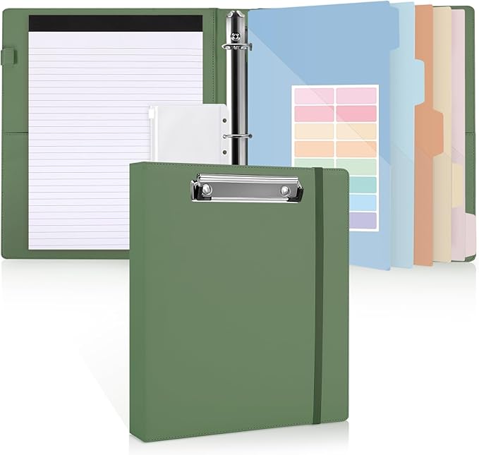 SKYDUE Small 3 Ring Binder with Clipboard, 8" × 10" PU Mini 1 Inch Binder with Notepad, 5 Dividers, and Labels, Clipboard Folder Great for School Office(Fit Half Letter Sized Paper)