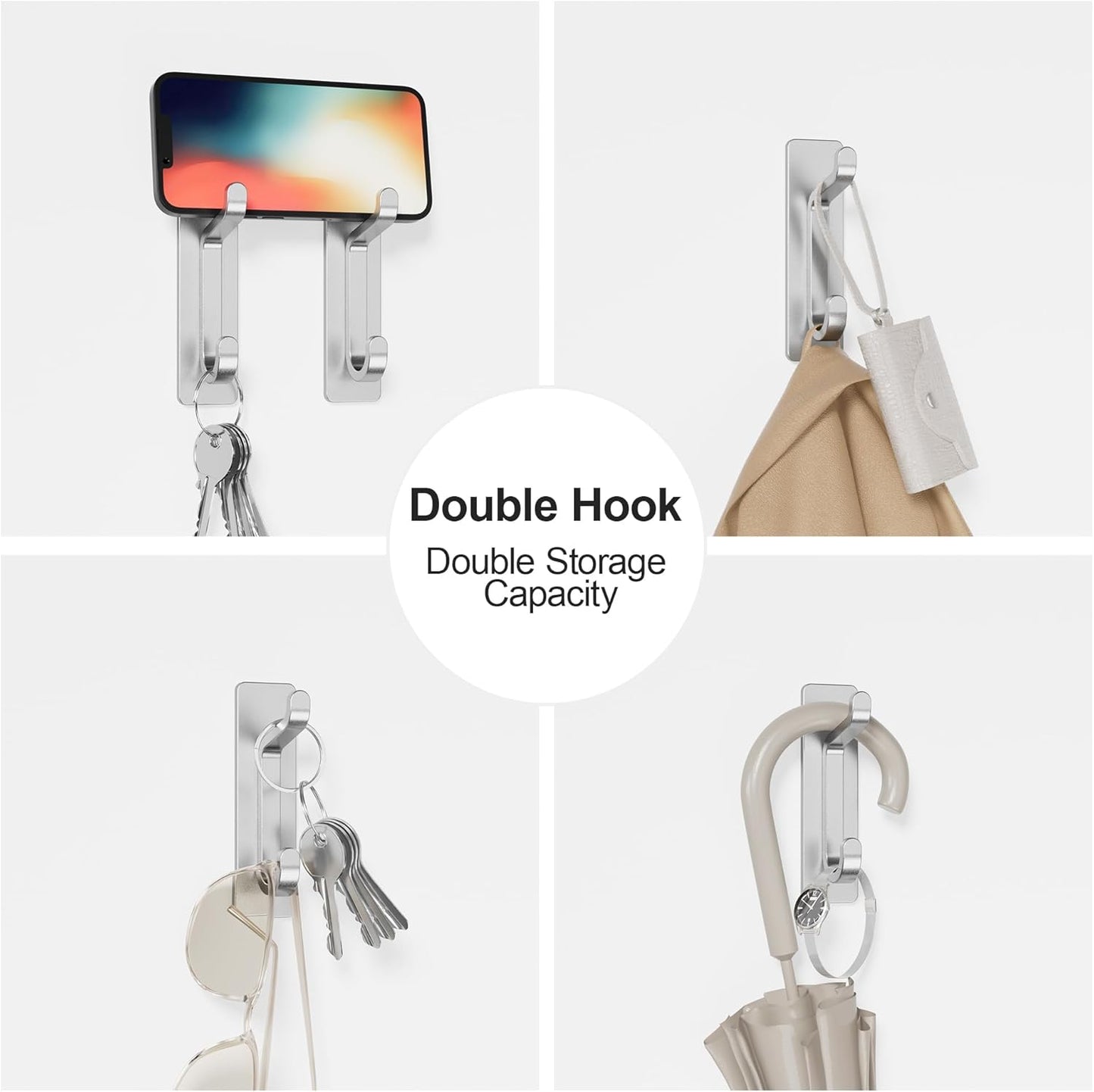 Wall Hooks for Coat and Towel: 13LB Adhesive Door Hanger Stick on, Silver 6 Pack