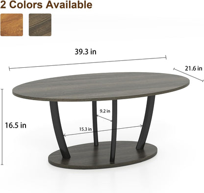 Manora Small Oval Coffee Table with Storage, Rustic Farmhouse Industrial Center Table for Living Room, VintageTea Table for Small Spaces, Gray