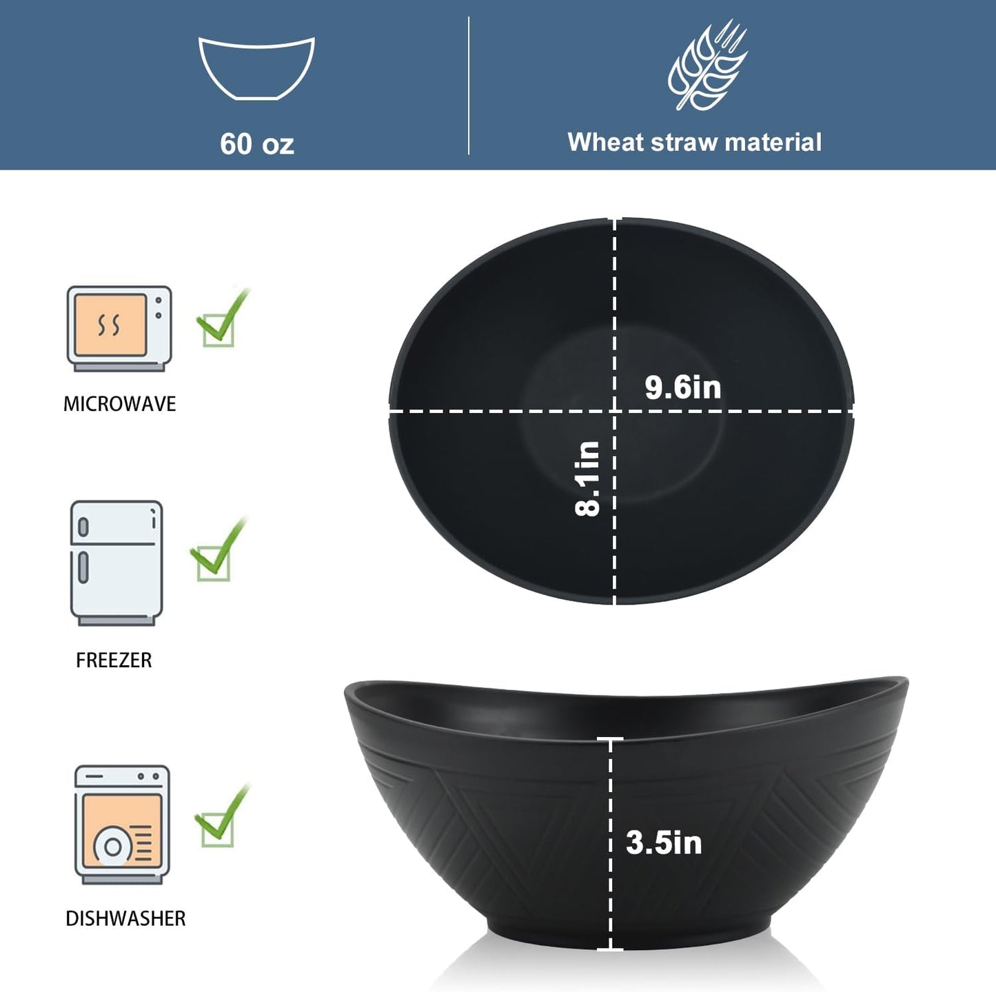 65oz Large Salad Bowls Black - Wheat Straw Salad bowls Set of 4 - Unbreakable Salad Bowls Dishware & Microwave Safe - BPA Free Bowls for kitchen,camping