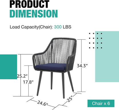 Patiorama Outdoor Dining Chairs, Patio Dining Chair Set of 6, All-Weather Woven Rope Rattan Chairs, Outdoor Dining Wicker Chair with Armrests for Indoor Balcony Pool Backyard(Blue)