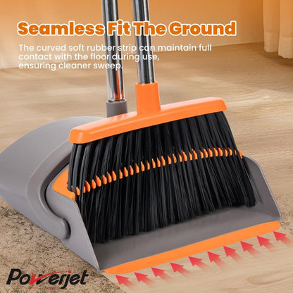 POWERJET Upright Broom & Dustpan Set (420900), Angled Lobby Broom, Exclusive Long Handle Extendable 52”, Self-Cleaning with Dustpan Teeth, Sweeping Indoor & Outdoor Home & Office Cleaning
