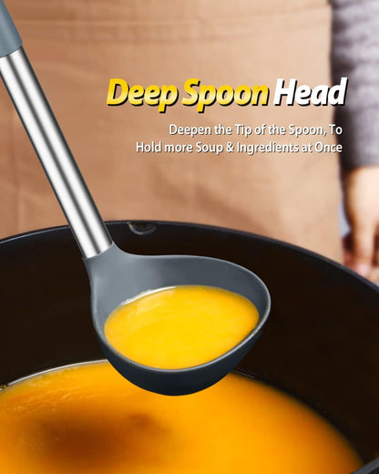 Silicone Pasta Fork and Ladle Spoon Set, Large Non Stick Kitchen Utensils for Cooking,Stirring,Serving Spaghetti, Soup, Sauce (GRAY)