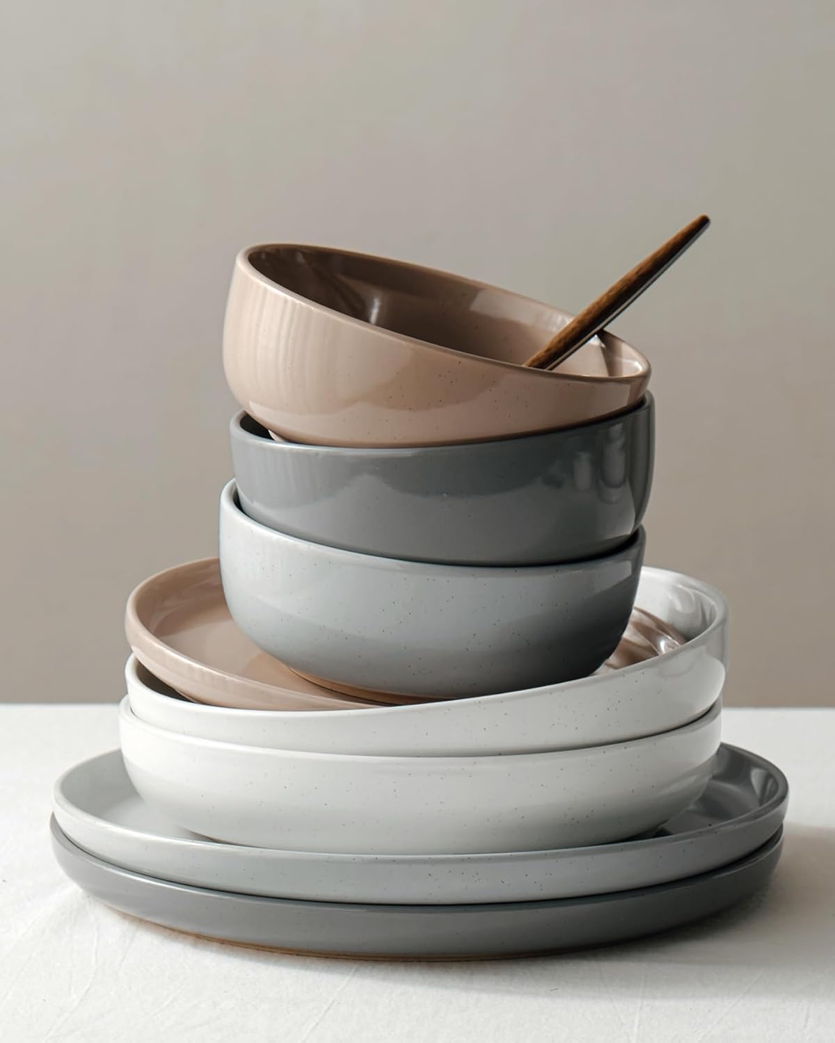 Famiware Milkyway Stoneware Dinnerware Sets with Pasta Bowls, Service for 4 (16 Pieces), Plates and Bowls Sets -Scratch Resistant, Microwave and Dishwasher Safe Dishes Set, Multi-color