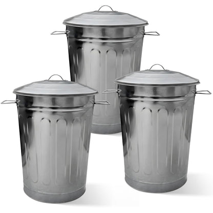 Plexon Round Trash Can 13 Gallon, Vintage Metal Outdoor Trash Can with Lid, Retro Farmhouse Garbage Container, Old School Modern Ash Bucket, Galvanized Steel 3 Pack