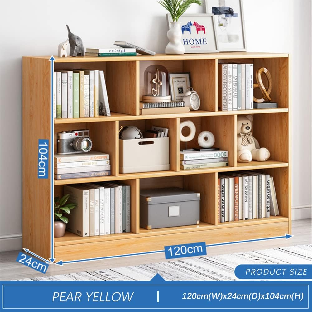 IOTXY Open Shelf Low Bookcase - Wooden 3-Tier Floor Standing Display Cabinet Organizer with Base, 10 Cubes Short Horizontal Bookshelf in Pear Yellow