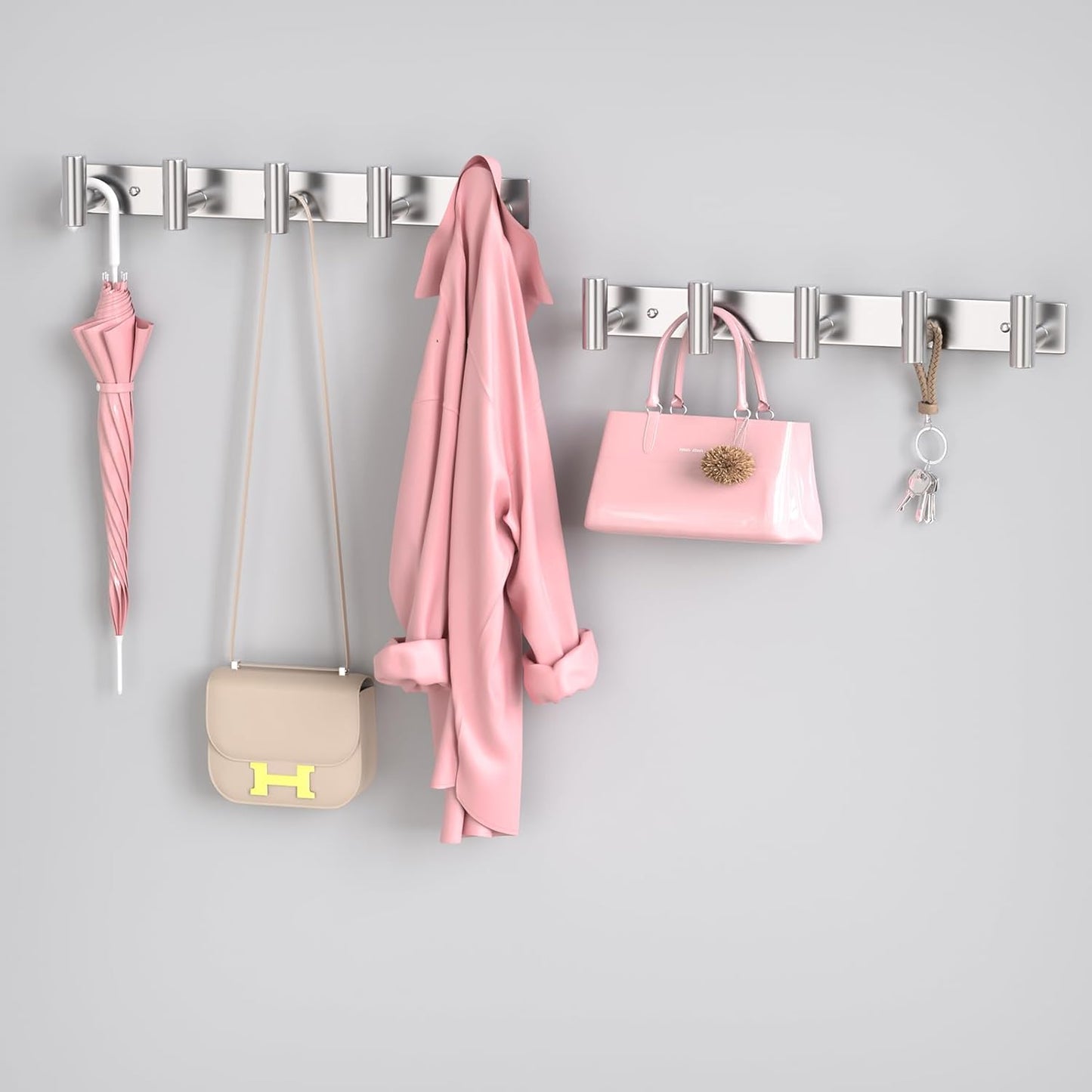 PMMASTO Coat Rack Wall Mounted, 5 "T Shaped Wall Hooks for Hanging, Heavy Duty Stainless Steel Coat Hook Rail for Hat Towel Robes in Bathroom Kitchen Mudroom Entryway (Silver, 2 Pack)