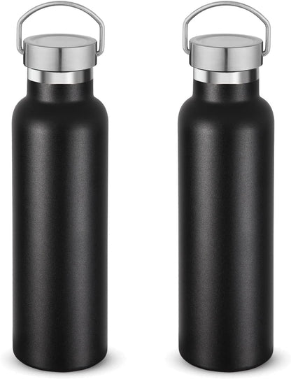 Neihepal 20 oz Insulated Water Bottles Bulk 2 Pack,Stainless Steel Double Wall Sport Bottle with Lid of Handle,Metal Reusable Thermoses Flask with Cup Cap for School,Hikers,Gift (Black,Set of 2)