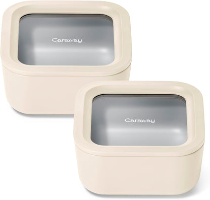 Caraway 2pc Glass Food Storage Set - 4.4 Cup Food Containers (2) - Ceramic Coated - Non Toxic, Non Stick Lunch with Lids - Dishwasher, Oven, & Microwave Safe - Cream