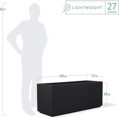 PolyStone Milan Tall Modern Outdoor/Indoor Rectangular Trough Planter, 46" L X 17" W X 19" H, Lightweight, Heavy Duty, Weather Resistant, Polymer Finish, Commercial and Residential (Black)