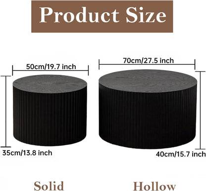 Round Nesting Coffee Table Black Round Fluted Coffee Table Set of 2 for Living Room Small Circle Drum Nested Coffee Tables (Black A 27in)